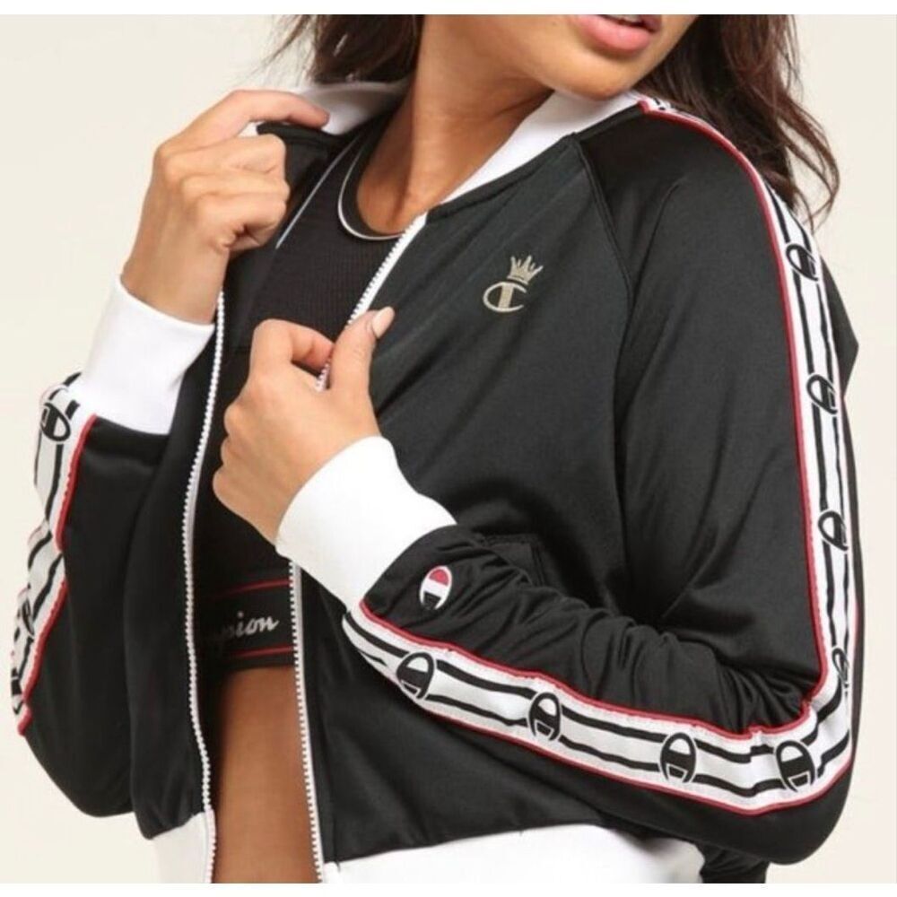 Champion Crown 'C' Logo Full Zip Life Track Jacket Black Size Medium